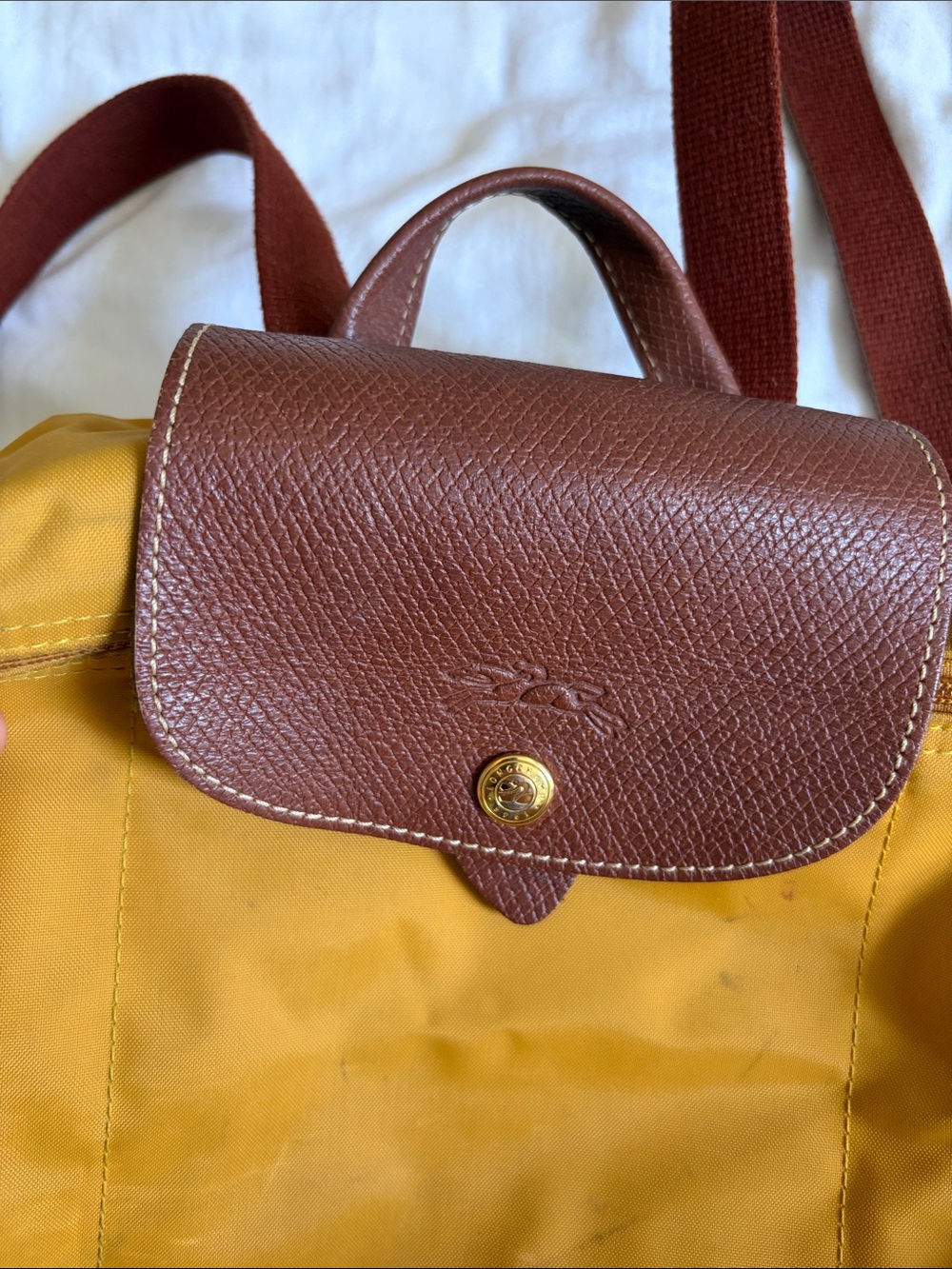 Longchamp Mustard Yellow Nylon Backpack with Brown Leather Flap - Picture 2 of 8
